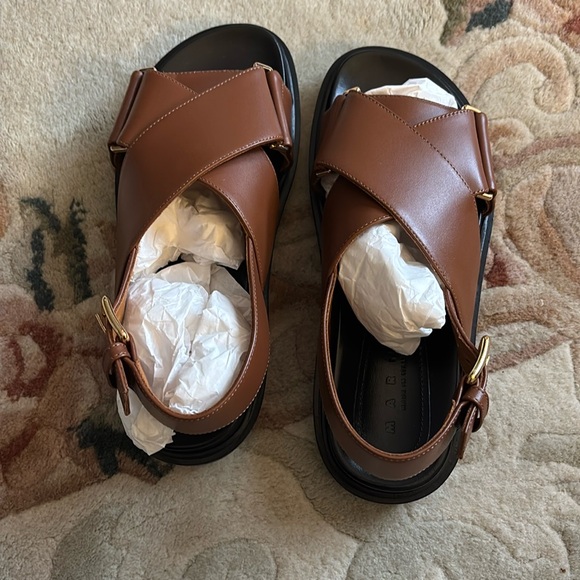 Marni Brown Leather Sandals with Criss-Cross Straps - Picture 1 of 4